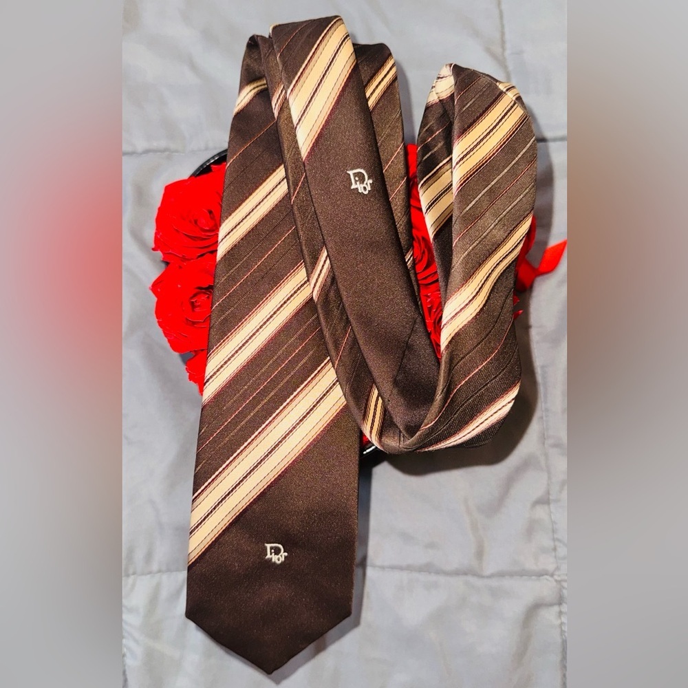 Vintage Christian Dior Men’s Silk Tie | Brown & Cream Diagonal Stripe Must See